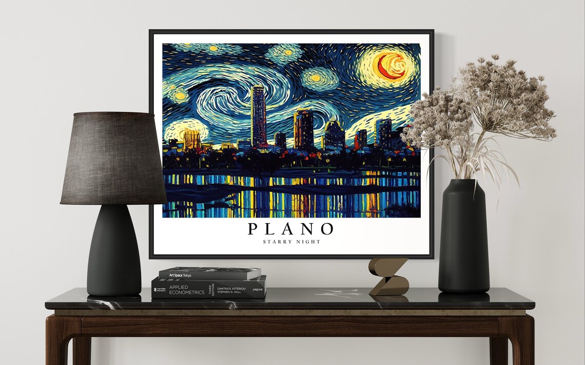 Plano Texas Starry Night Van Gogh Style Skyline Water Reflection Poster - Image 3
