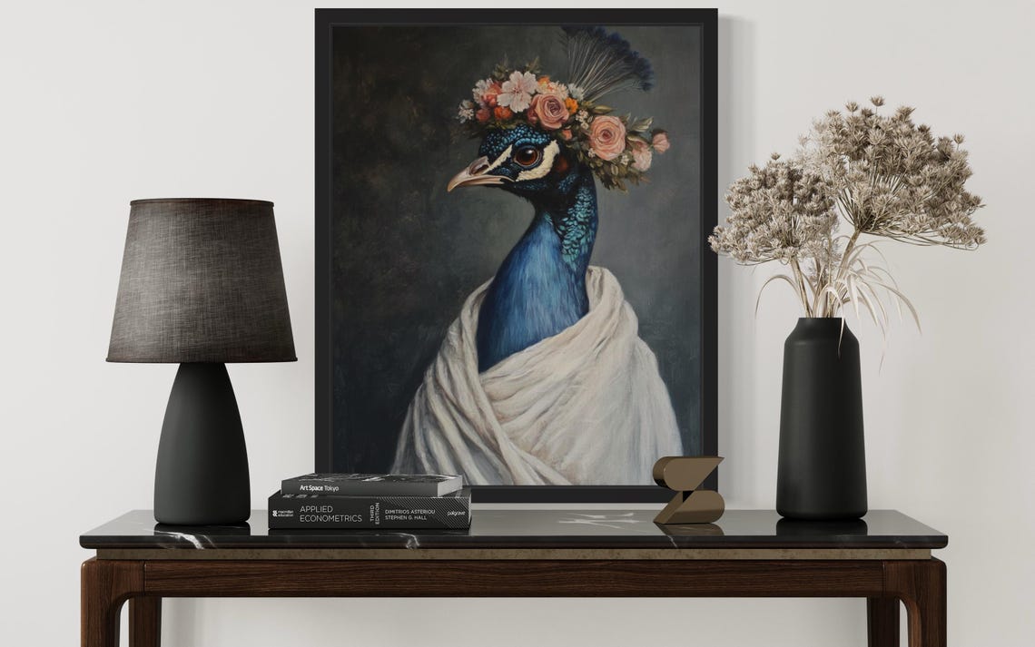 Peacock Portrait with Flower Crown in White Drape Art Poster - Image 2