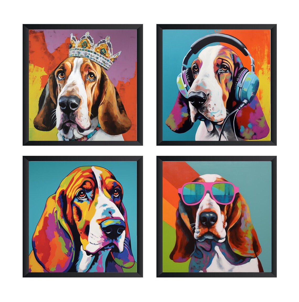 Colorful Basset Hound Pop Art Set Of 4 Funny Dog Portrait Poster