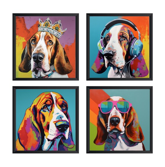 Colorful Basset Hound Pop Art Set Of 4 Funny Dog Portrait Poster