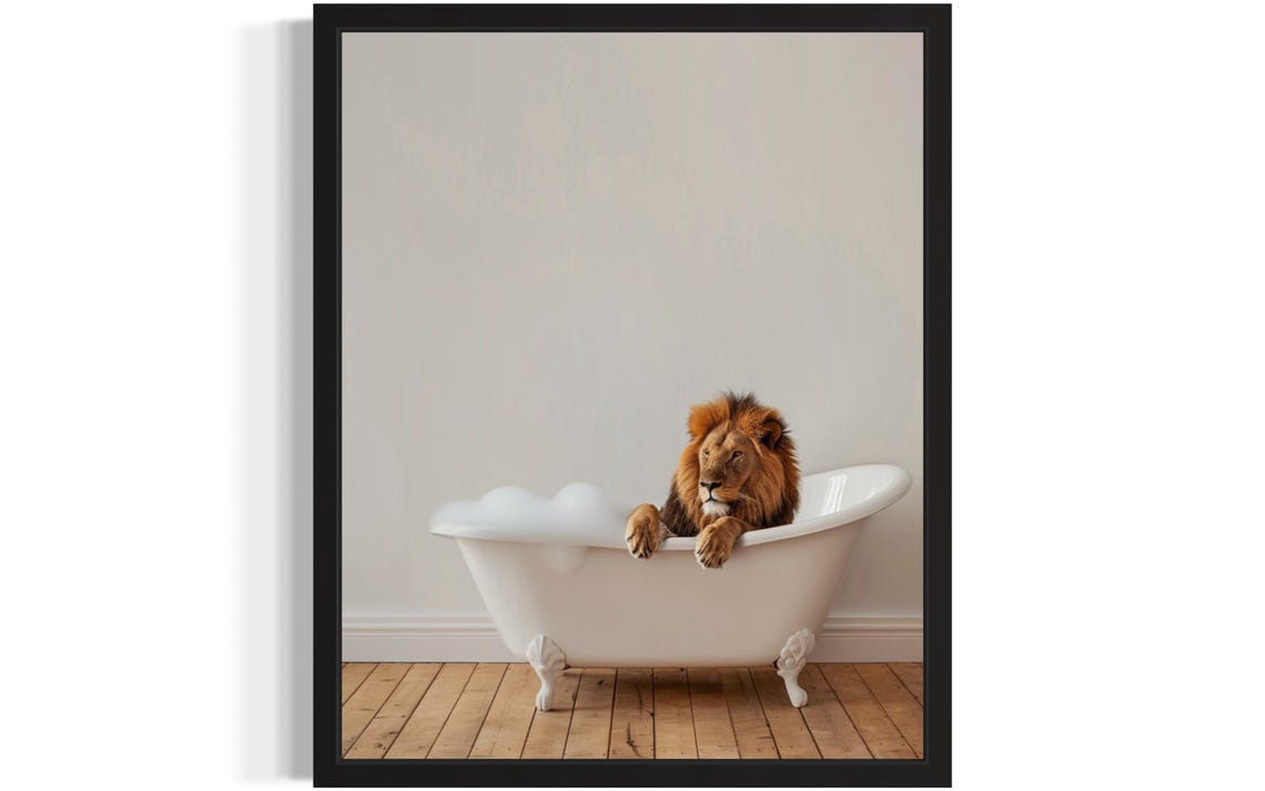 Lion with Mane Lounging in a White Clawfoot Bubble Bath Photo Poster