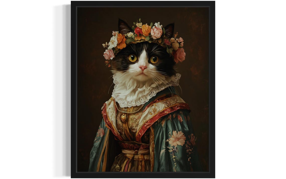 Black And White Cat Greek Goddess Floral Crown Portrait Poster