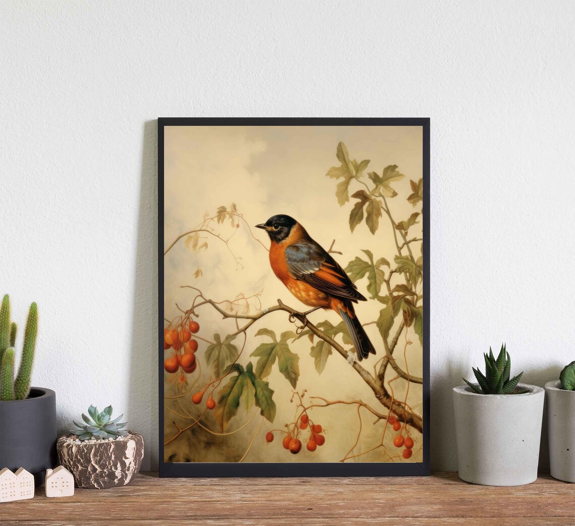 Black Headed Orange Breast Bird On Berry Branch Vintage Poster - Image 4