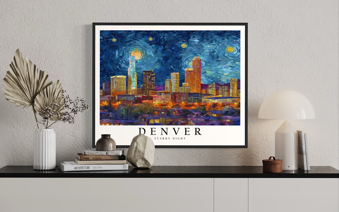 Denver Colorado Starry Night Downtown Skyline Glowing City Art Poster - Image 2