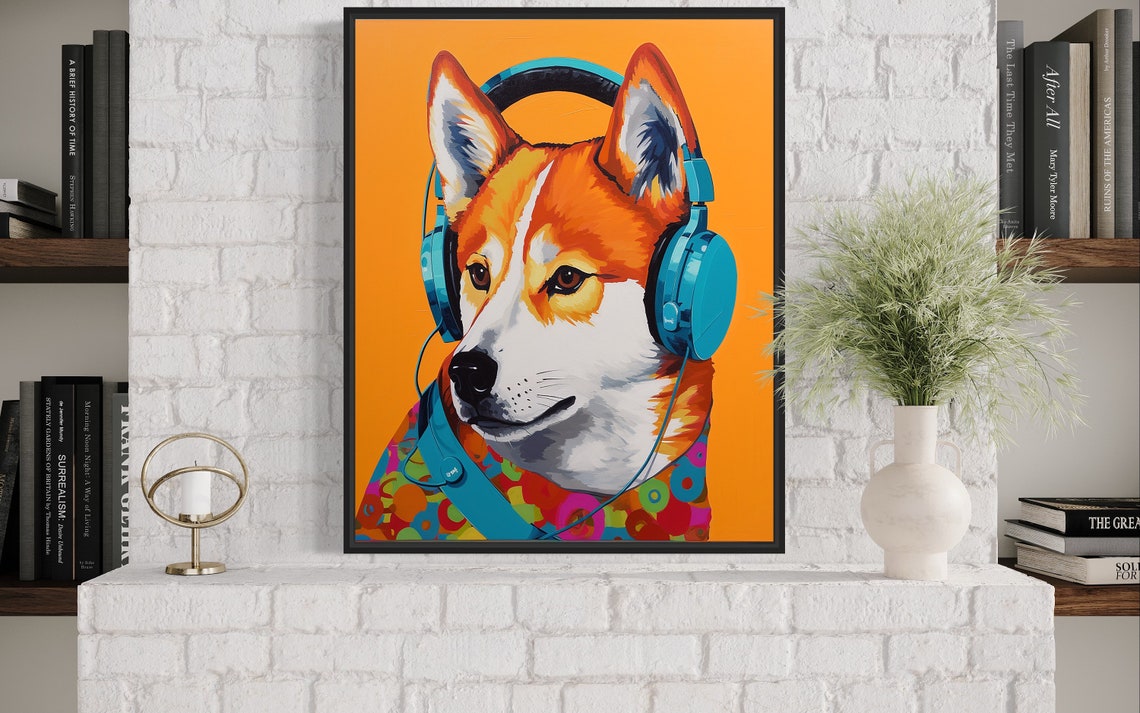 Shiba Inu Dog Wearing Blue Headphones Orange Pop Art Music Poster - Image 4
