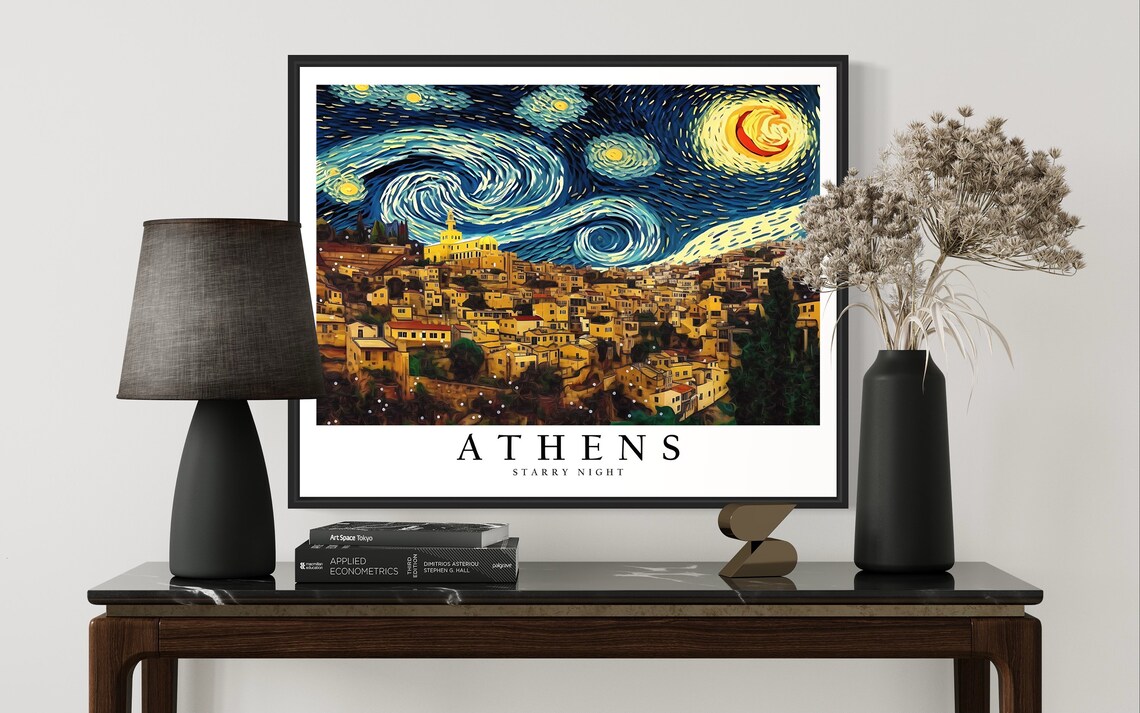 Athens Greece Starry Night Old Town Hillside Glowing City Night Art Poster - Image 3