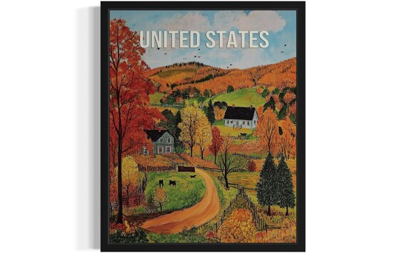 United States Autumn Farm Countryside Folk Art Travel Poster