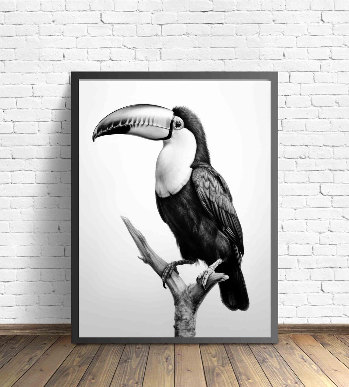 Black and White Toucan on Branch Detailed Art Poster Home Decor Gift - Image 2