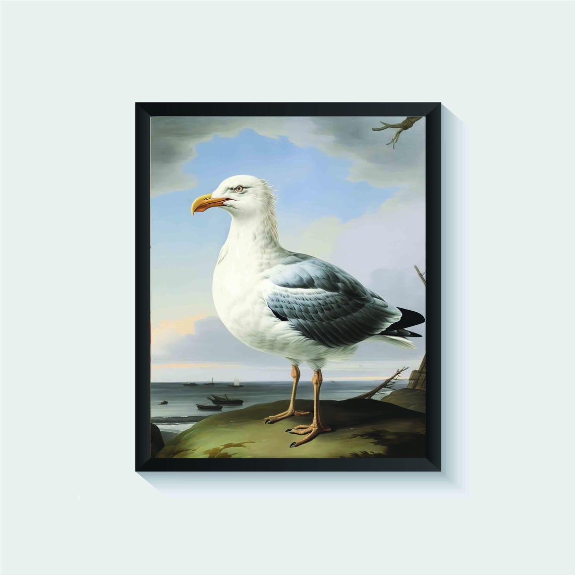 Seagull Standing On Coastal Rock With Boats Vintage Bird Poster