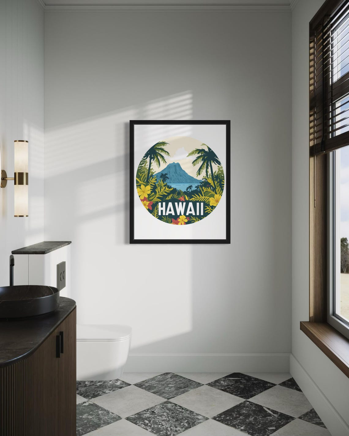 Hawaii Volcanic Peak Palm Trees Tropical Flowers Circle Poster - Image 4