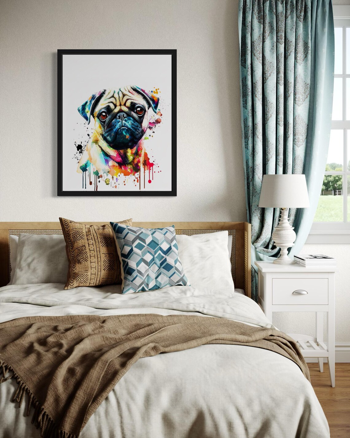 Soulful Pug Dog Face Multicolor Watercolor Splash Portrait Poster - Image 4