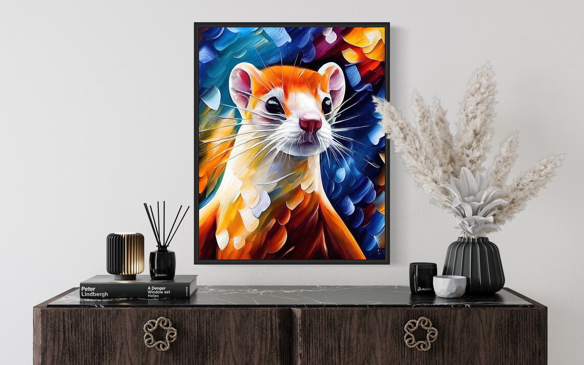 Stoat Colorful Abstract Wildlife Oil Portrait Animal Art Poster