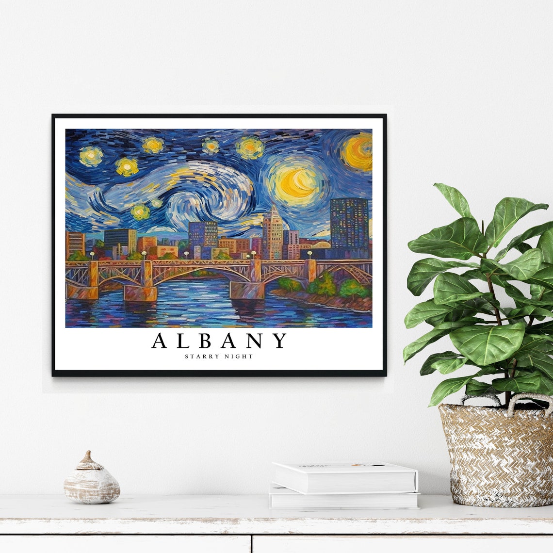 Albany Starry Night River Bridge Downtown Skyline Glow Poster - Image 2