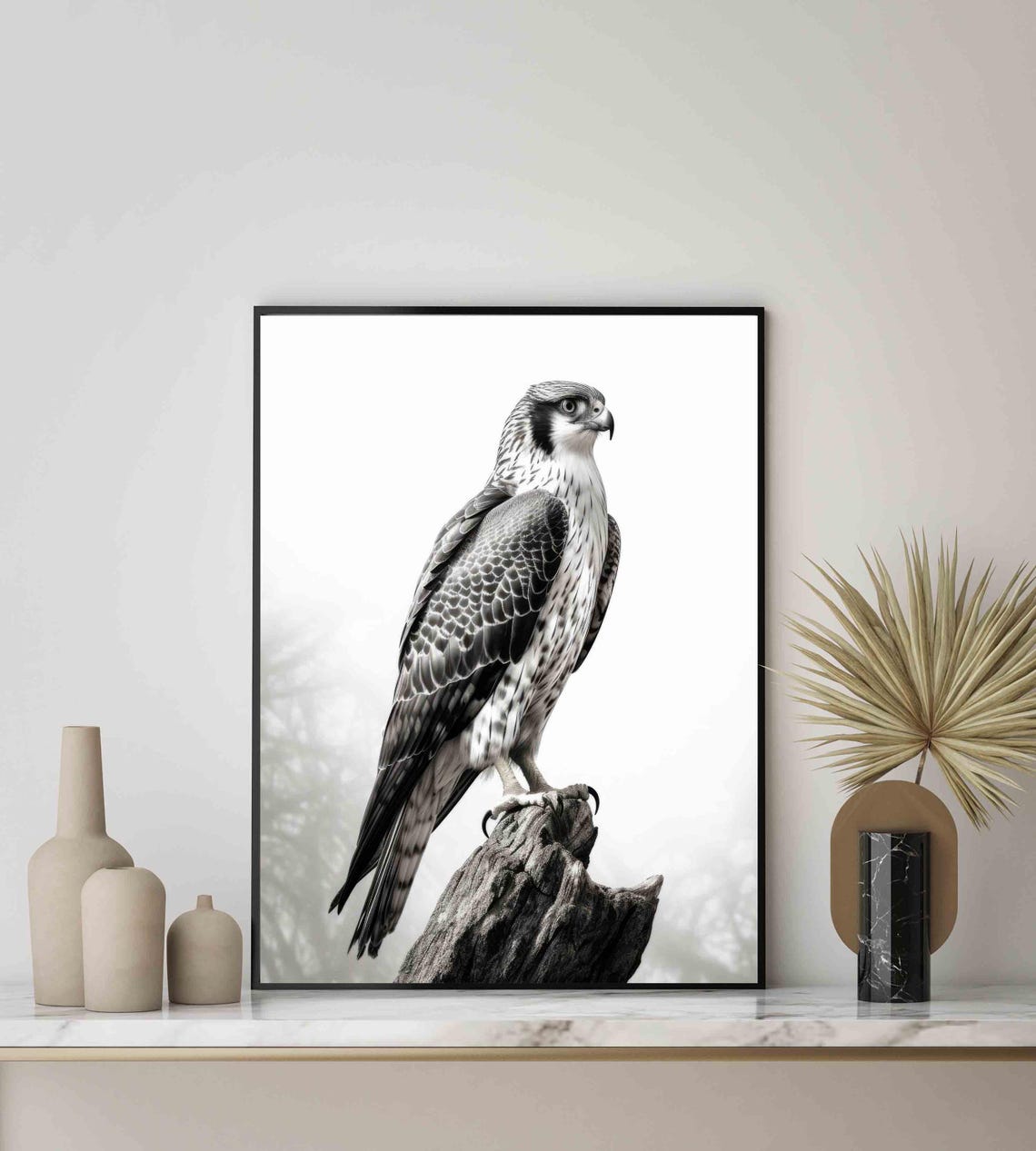 Falcon Black and White Bird of Prey Perched on Stump Portrait Poster - Image 4