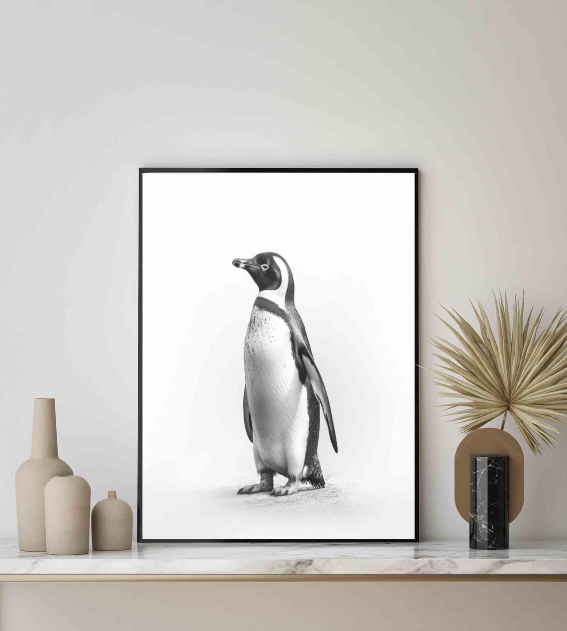 Dignified Penguin Standing Tall in Black and White Art Poster - Image 4