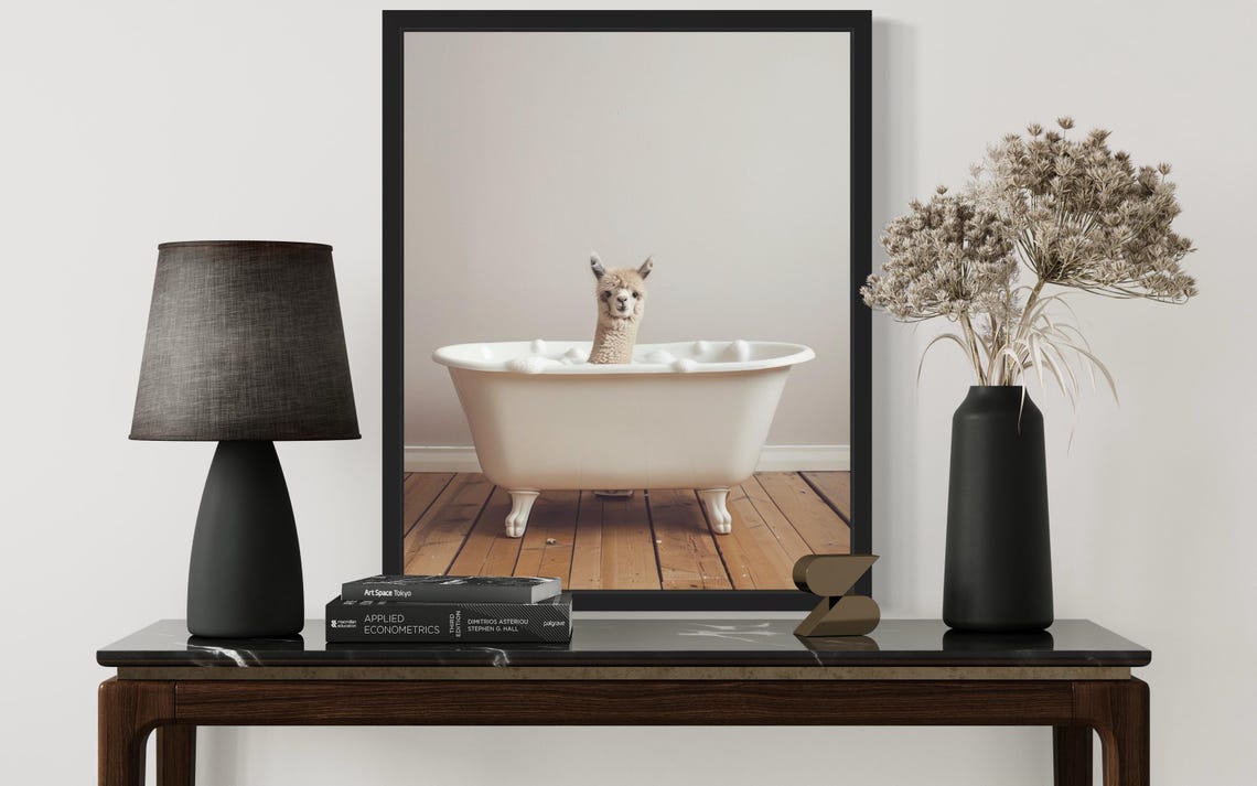 Alpaca In A Vintage White Clawfoot Bathtub Funny Animal Poster - Image 2