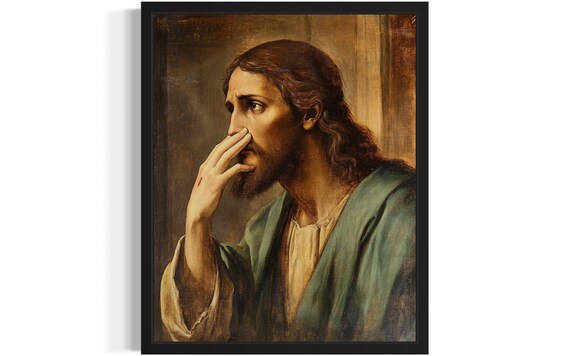 Funny Jesus Christ Style Figure in Robe Holding His Nose Poster