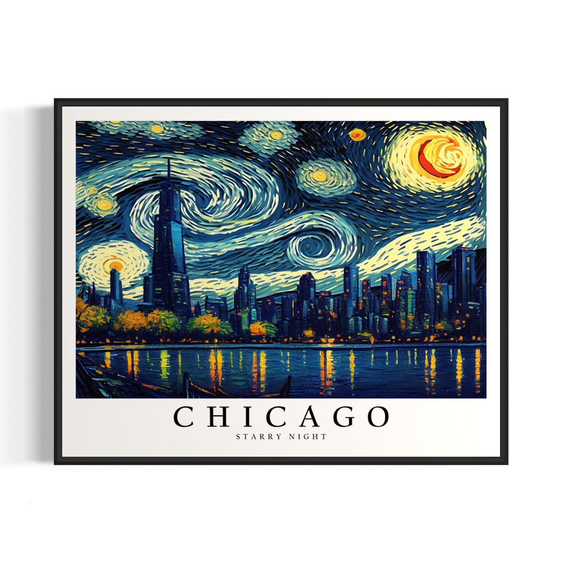 Chicago Illinois Lakefront Skyline Van Gogh Starry Night City Poster