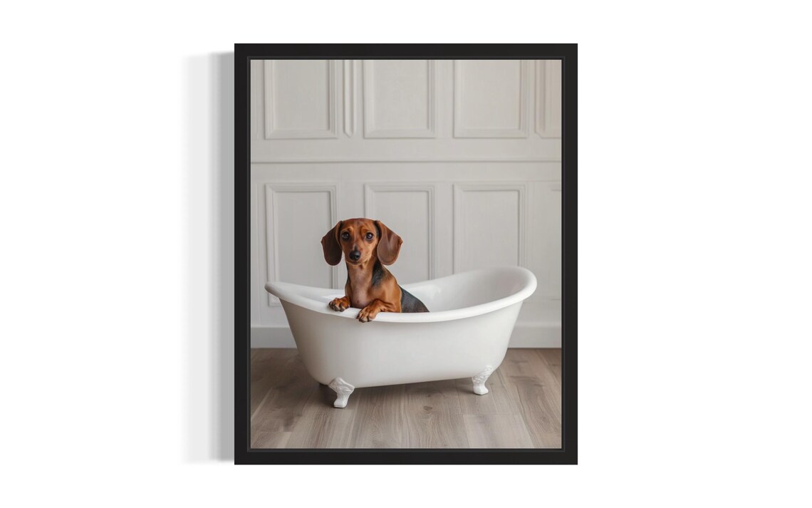 Dachshund Puppy in White Bathtub Cute Dog Bathroom Photo Poster