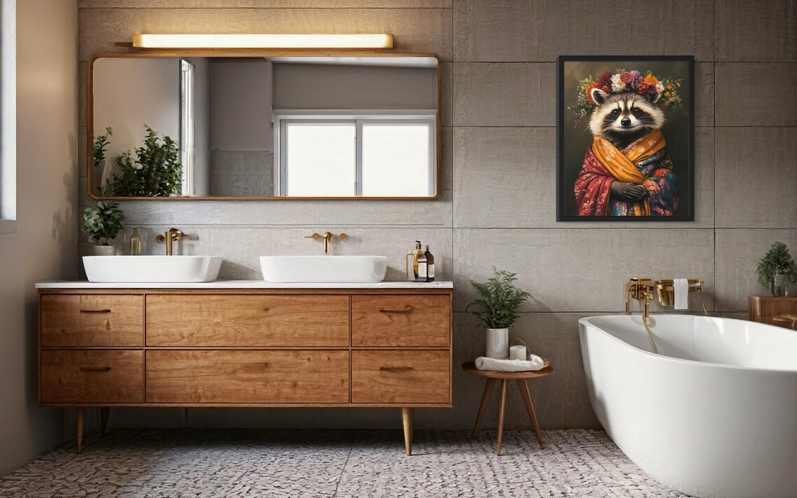 Raccoon Wearing Flower Crown and Golden Floral Kimono Art Poster - Image 4