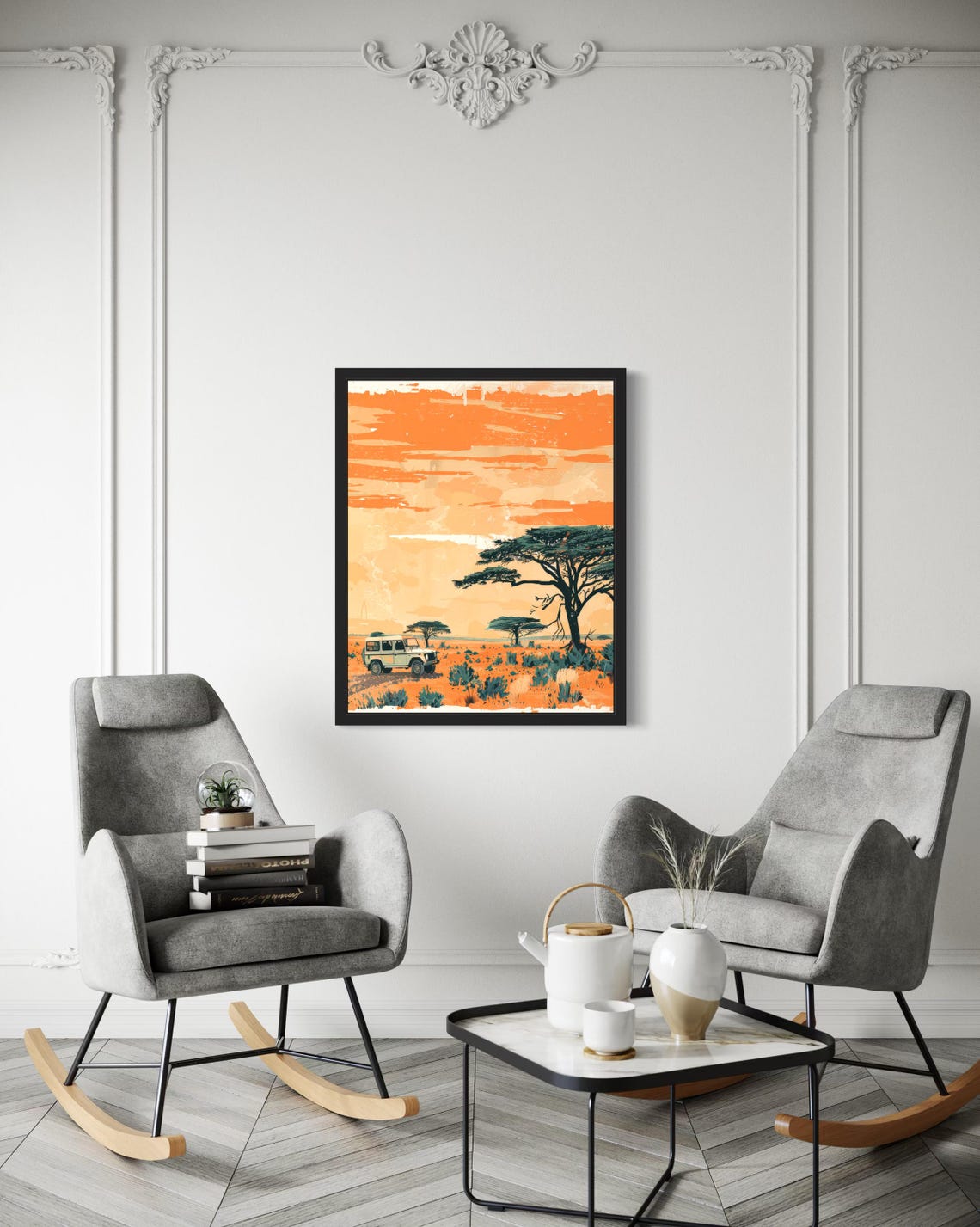 Retro African Safari Jeep Sunset Scene with Acacia Tree Wall Art - Image 3