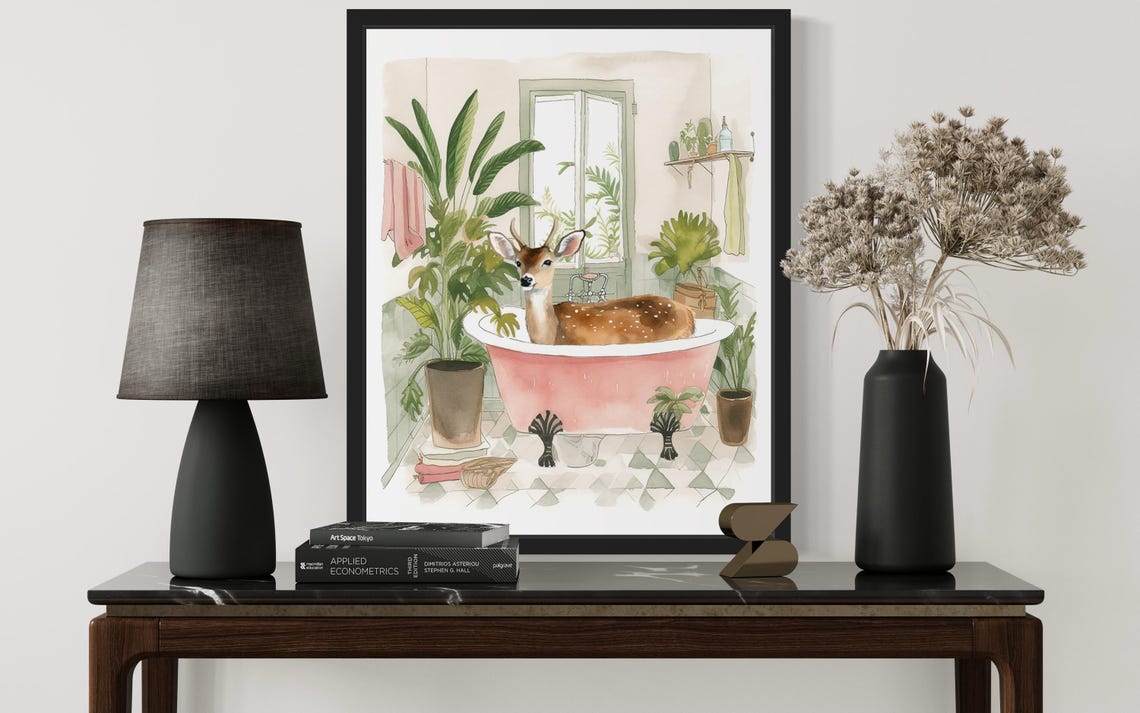 Deer Lounging in a Pink Clawfoot Tub Watercolor Bathroom Poster - Image 2