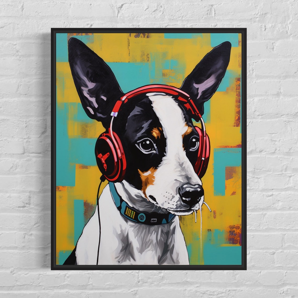 Rat Terrier Dog Wearing Red Headphones Color Pop Music Art Poster