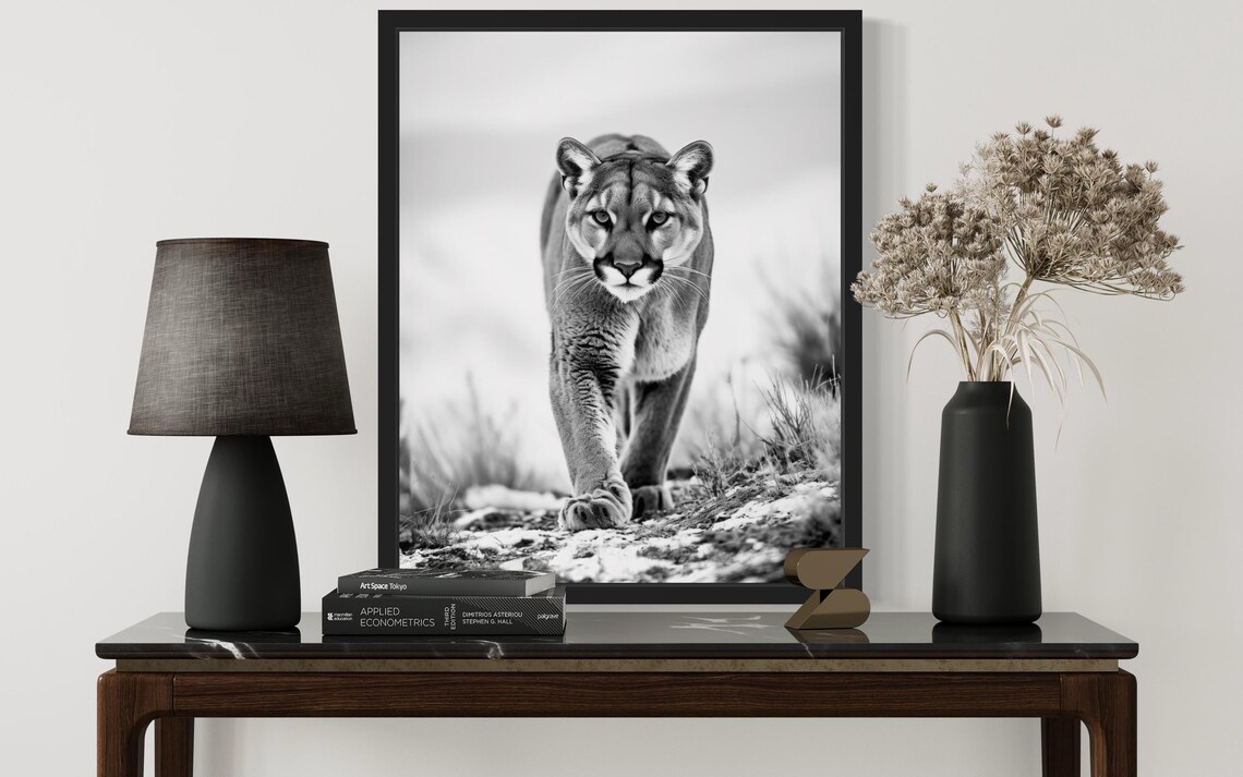 Mountain Lion Walking Through Snow Black and White Wildlife Photo Poster - Image 2