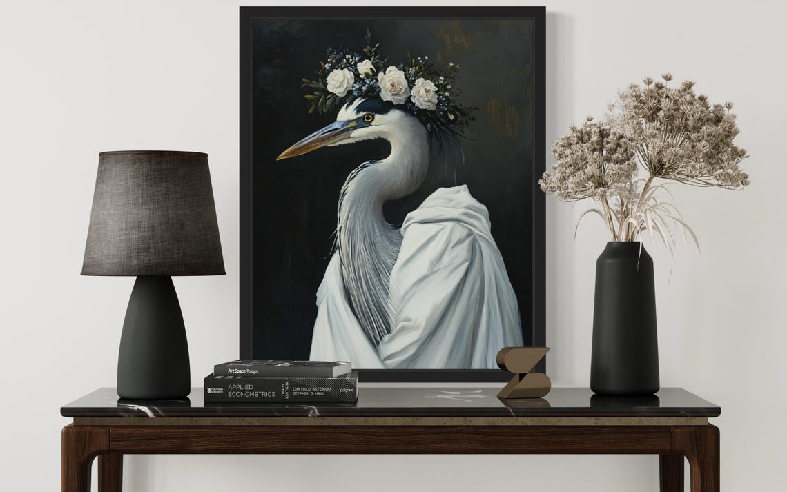 Elegant Blue Heron Portrait with White Rose Crown Drape Poster - Image 2