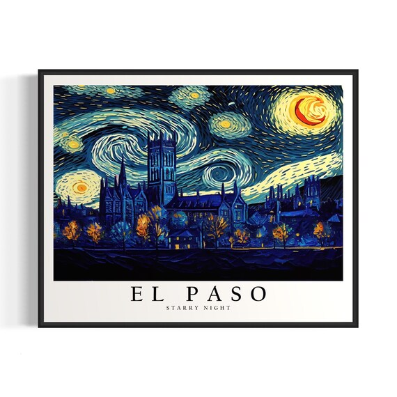 El Paso Starry Night Cityscape In Van Gogh Style Travel Art Poster