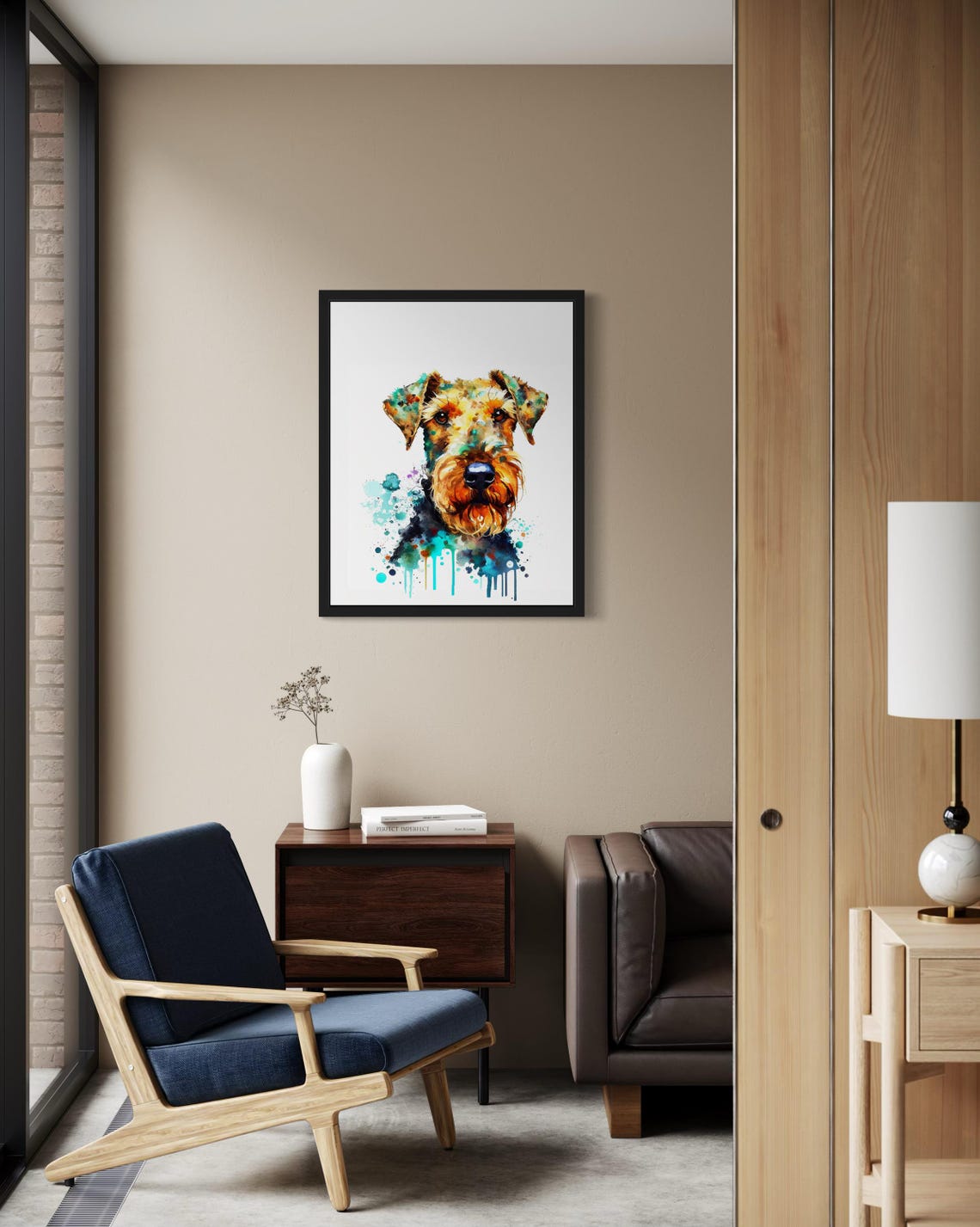 Airedale Terrier Watercolor Portrait Teal Splash Ink Art Poster - Image 2