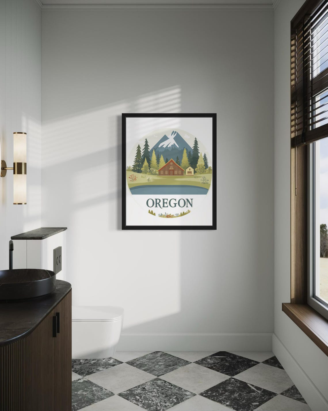 Oregon Mountain Lake Cabin Scenic Circle Illustration Poster - Image 4