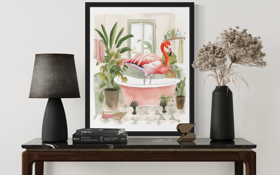 Flamingo Standing in a Pink Clawfoot Tub Watercolor Bathroom Poster - Image 2