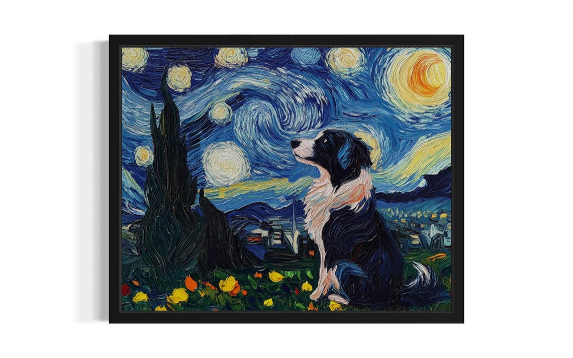 Border Collie Starry Night Van Gogh Style Dog Portrait Poster
