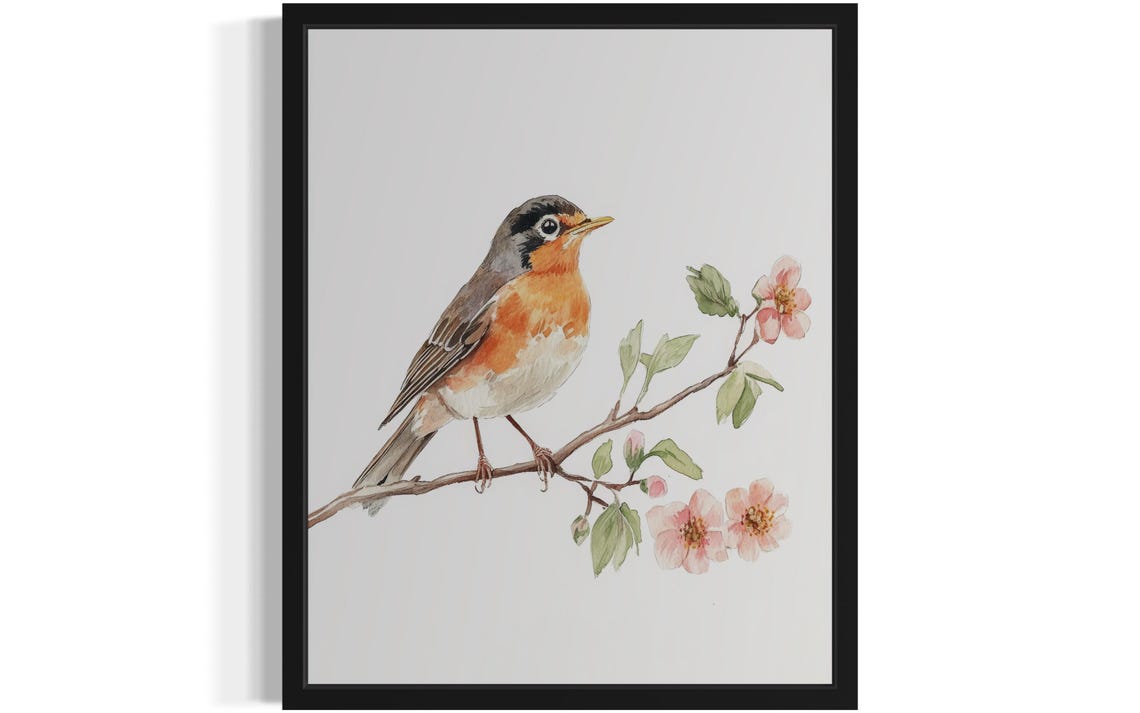Watercolor Robin on Cherry Blossom Branch Delicate Bird Art Poster