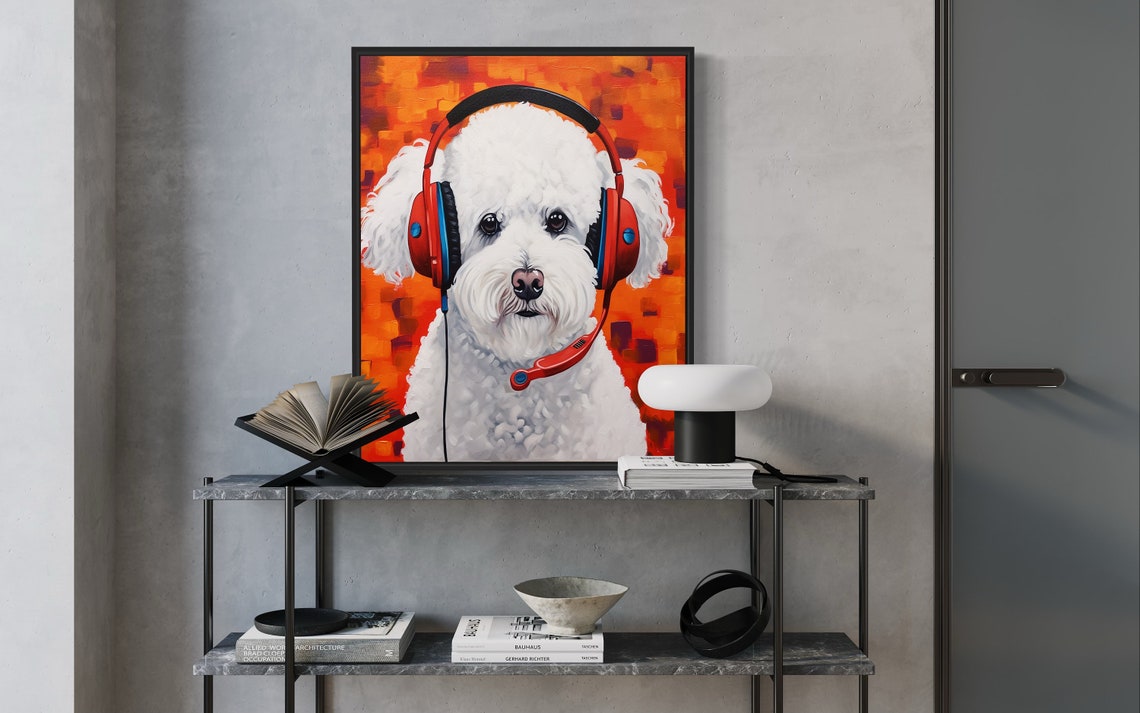 Bichon Frise Dog Wearing Red Headset Pop Art Music Studio Poster - Image 2