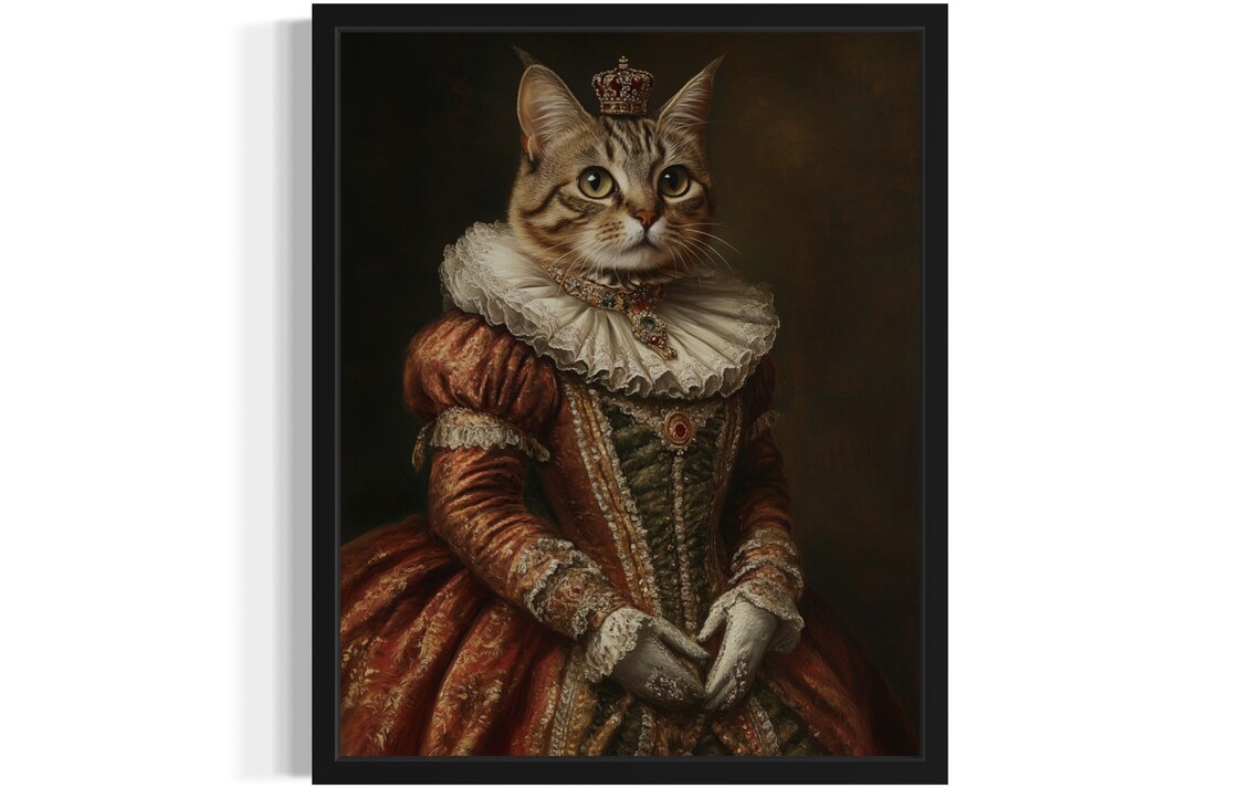 Royal Tabby Cat Queen Crown Renaissance Portrait Funny Art Poster