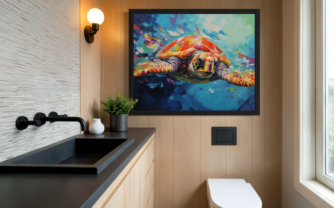Colorful Sea Turtle Swimming in Deep Blue Ocean Painting Poster - Image 4