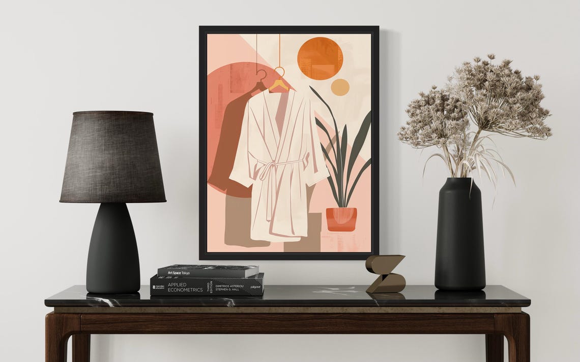 White Robe On Hanger Sunset Abstract Boho Bathroom Art Poster - Image 3