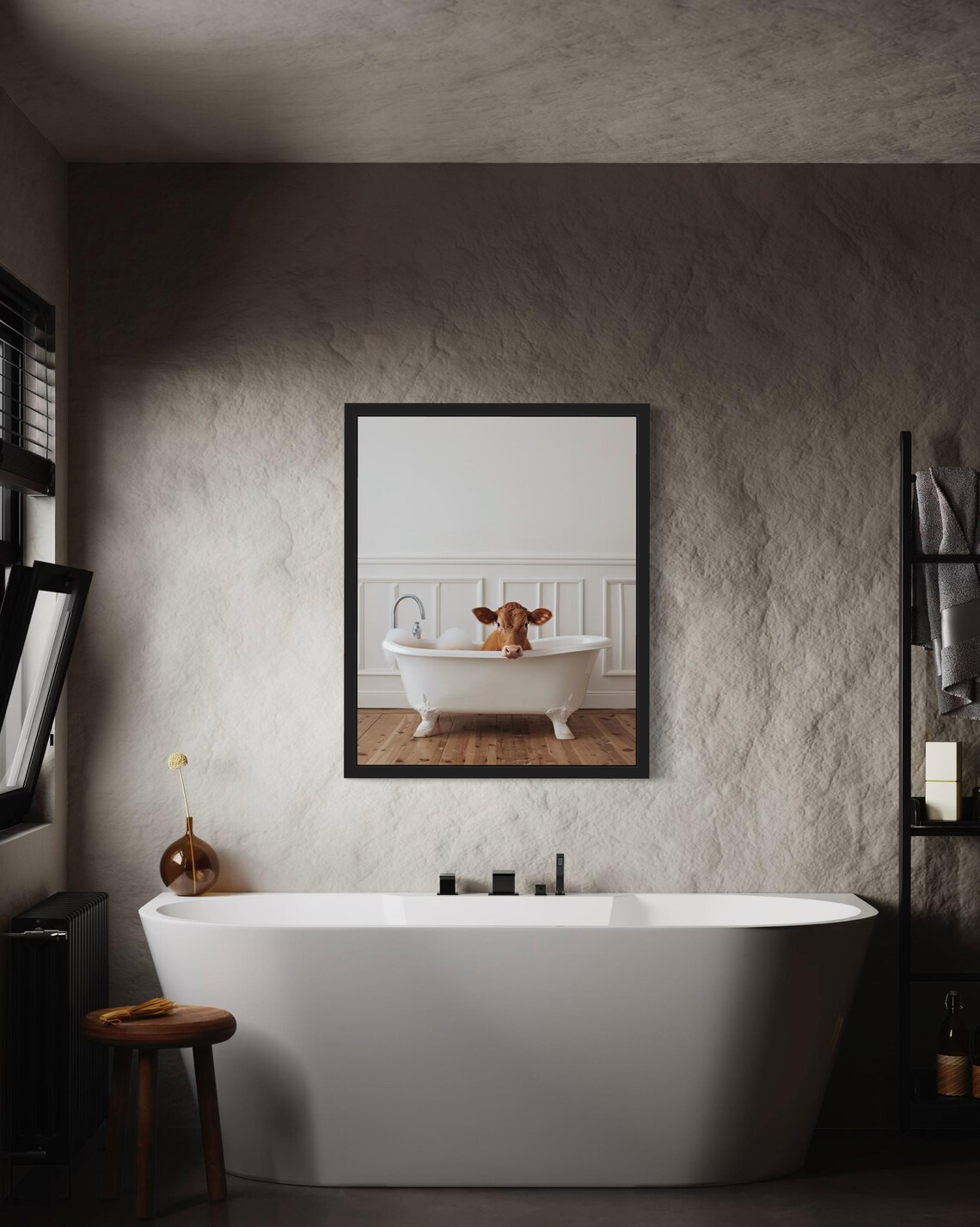 Gentle Brown Cow Resting Chin On Vintage Clawfoot Bathtub Funny Poster - Image 3