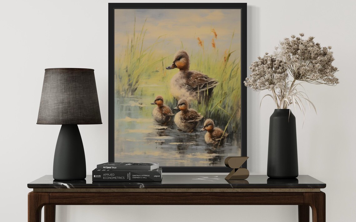 Duck Family with Ducklings Swimming in Marsh Reeds Vintage Poster - Image 3