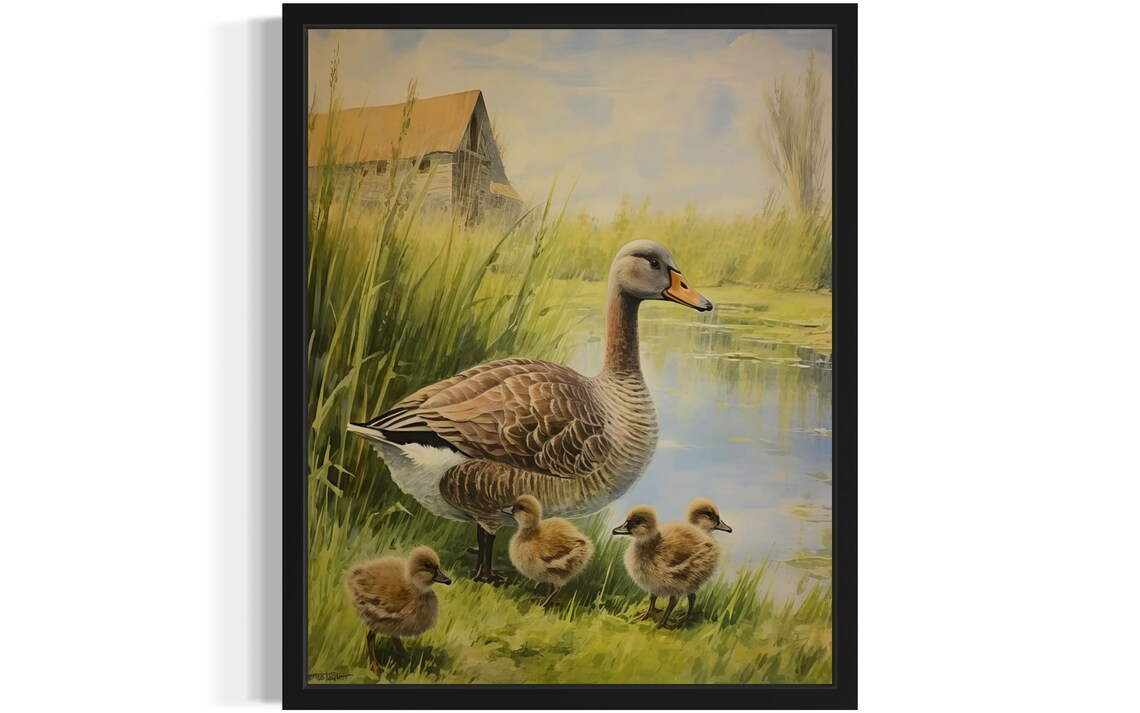 Mother Goose with Goslings at the Pond Edge Vintage Waterfowl Poster