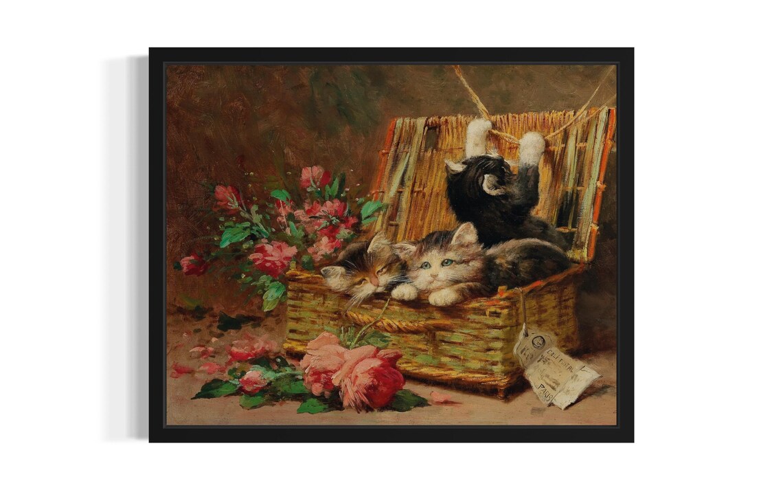 Vintage Kittens in Flower Basket Classic Oil Painting Art Poster