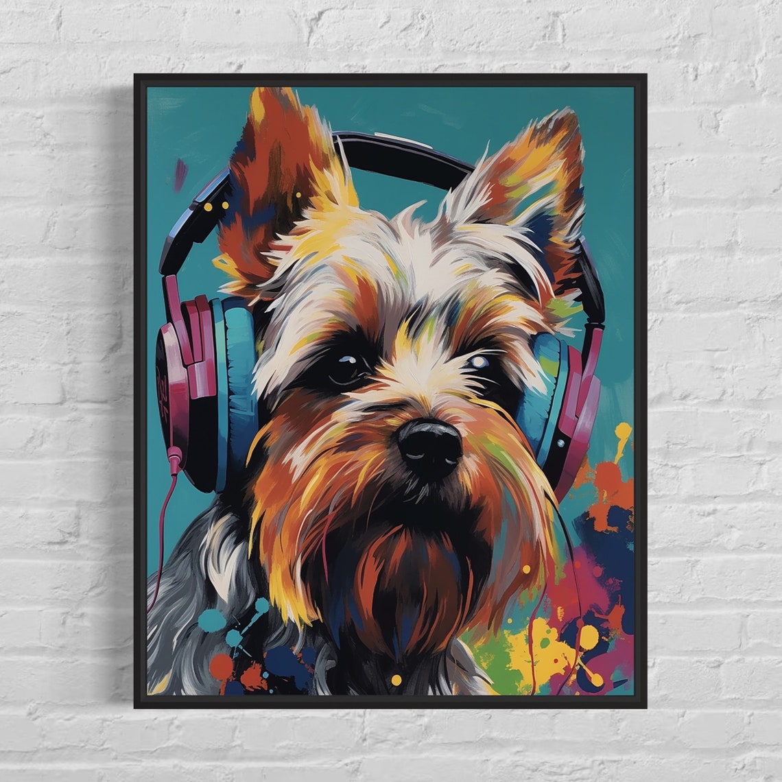 Yorkshire Terrier Wearing Colorful Headphones Pop Art Music Poster