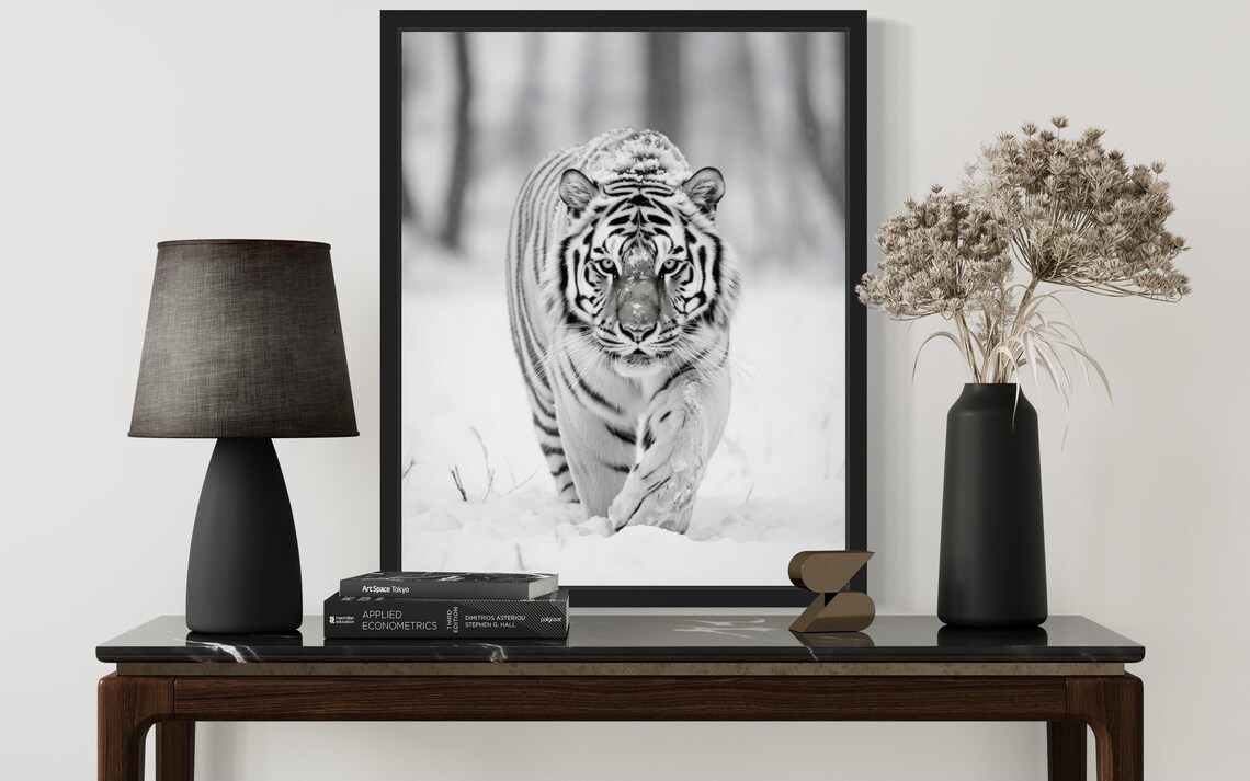 Siberian Tiger Walking in Snow Monochrome Wildlife Fine Art Decor Poster - Image 2