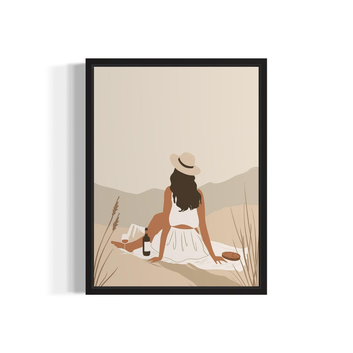Woman Picnic Among Dunes White Dress Wine Summer Boho Art Poster