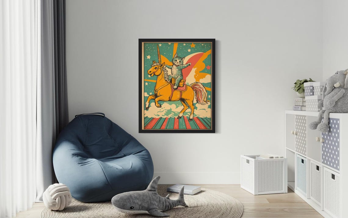 Kitten Riding a Unicorn Vintage Retro Circus Fantasy Art Poster - Image 3