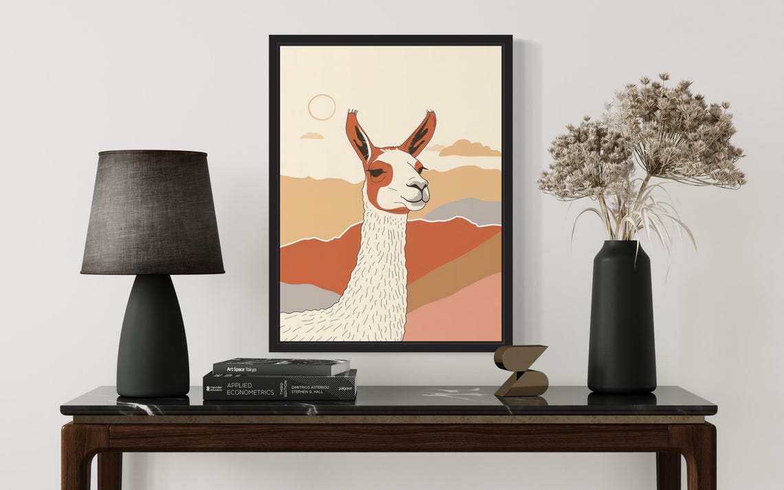 Llama Standing Desert Sunset Terracotta Boho Landscape Art Poster - Image 3