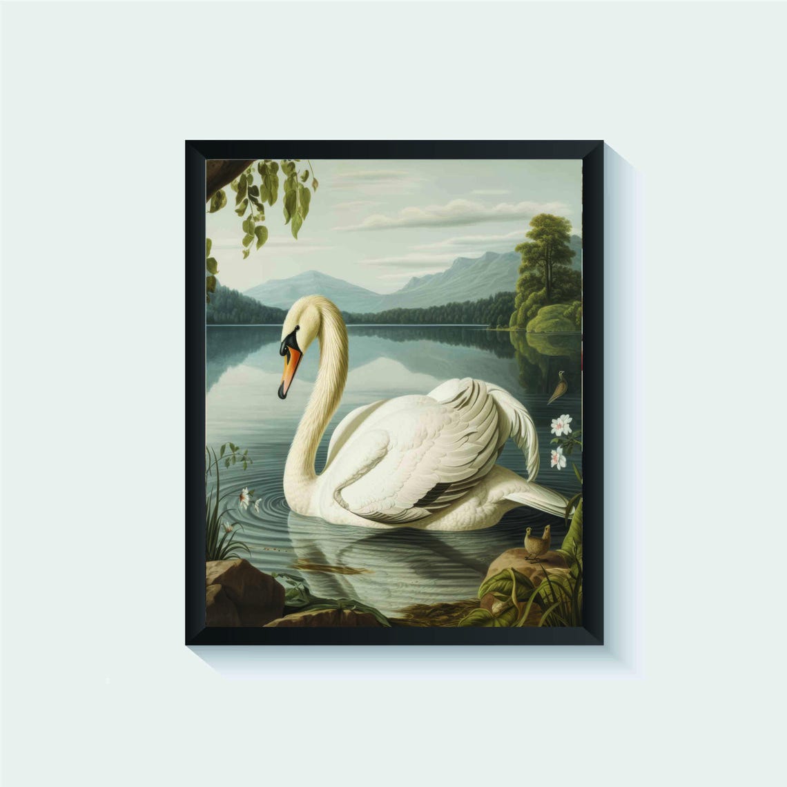 Mute Swan Gliding on a Calm Mountain Lake Vintage Waterfowl Poster