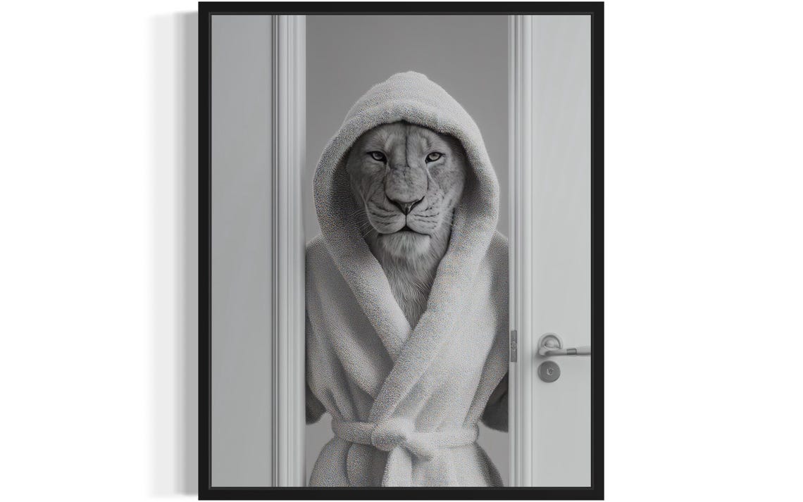 Lion Hooded Bathrobe Doorway Funny Big Cat Bathroom Art Poster